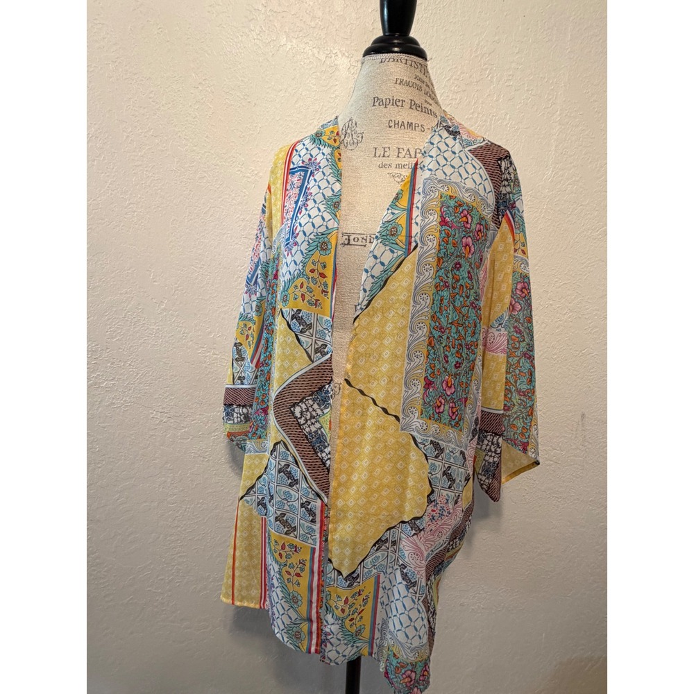 Kim Rogers Womens Multi Color Patchwork Floral Kimono Wrap Cardigan Large